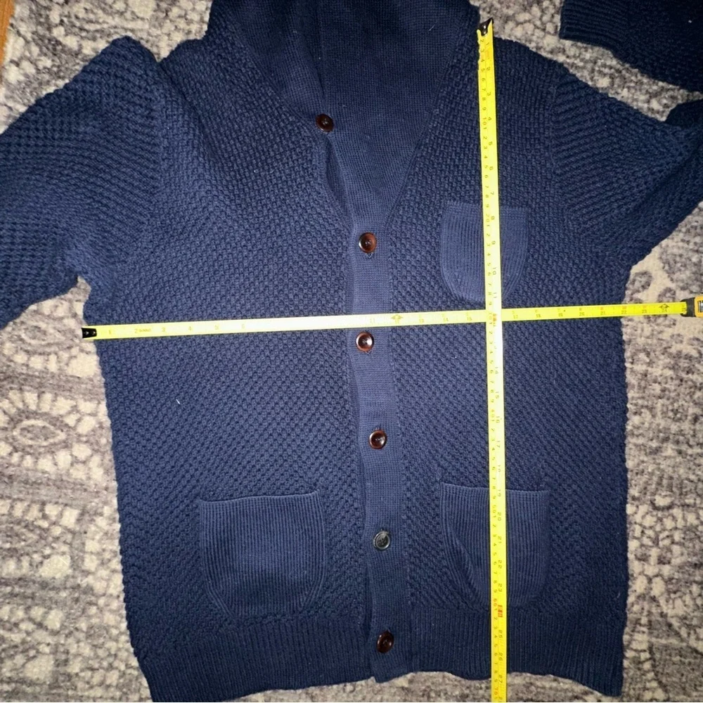 J. Crew Men’s L Navy Blue Cotton Checkered Stitch Shawl Neck Sweater Cardigan